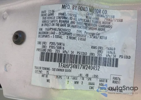 2007 Ford Focus S/Se/Ses from USA, damaged, VIN 1FAHP34N17W240452